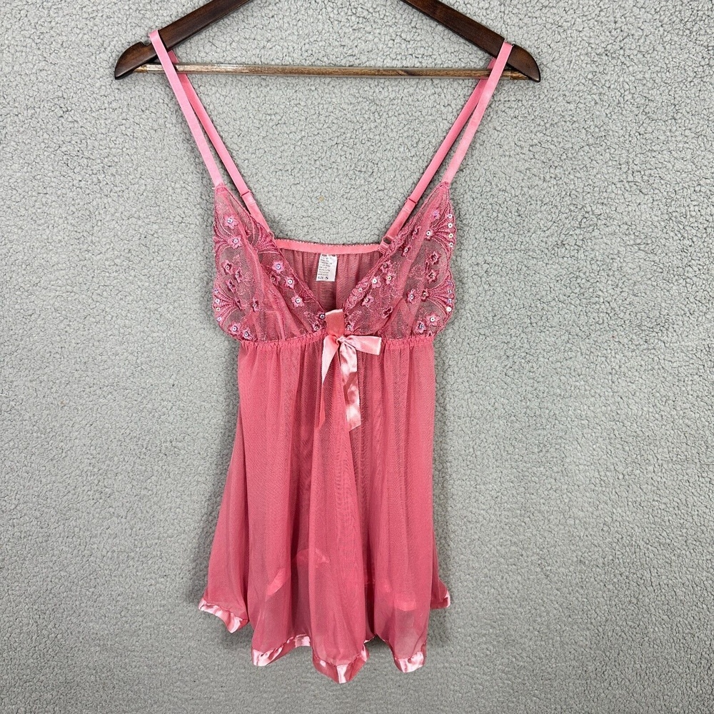Pink Babydoll Top Womens Small Sheer Sequin Lace Y2K Fairy Coquette Romantic
